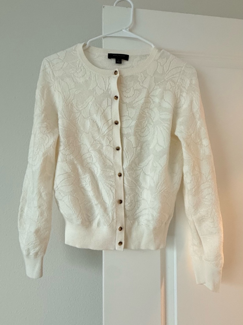 Ann Taylor Cream Floral Knit Button-Front Cardigan - Picture 2 of 8